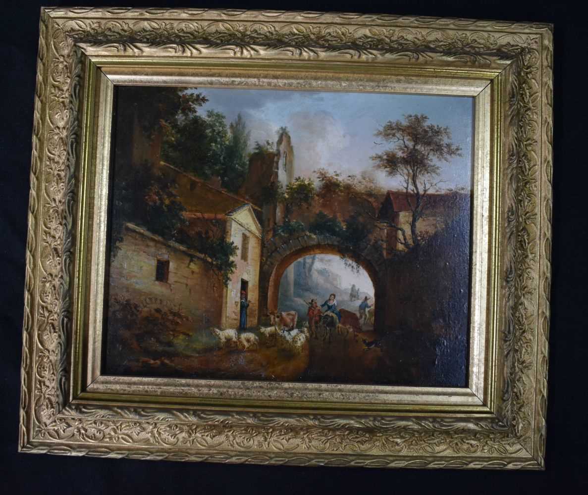 19th Century Oil on board , figures under a bridge 18 x 23 cm - Image 2 of 12