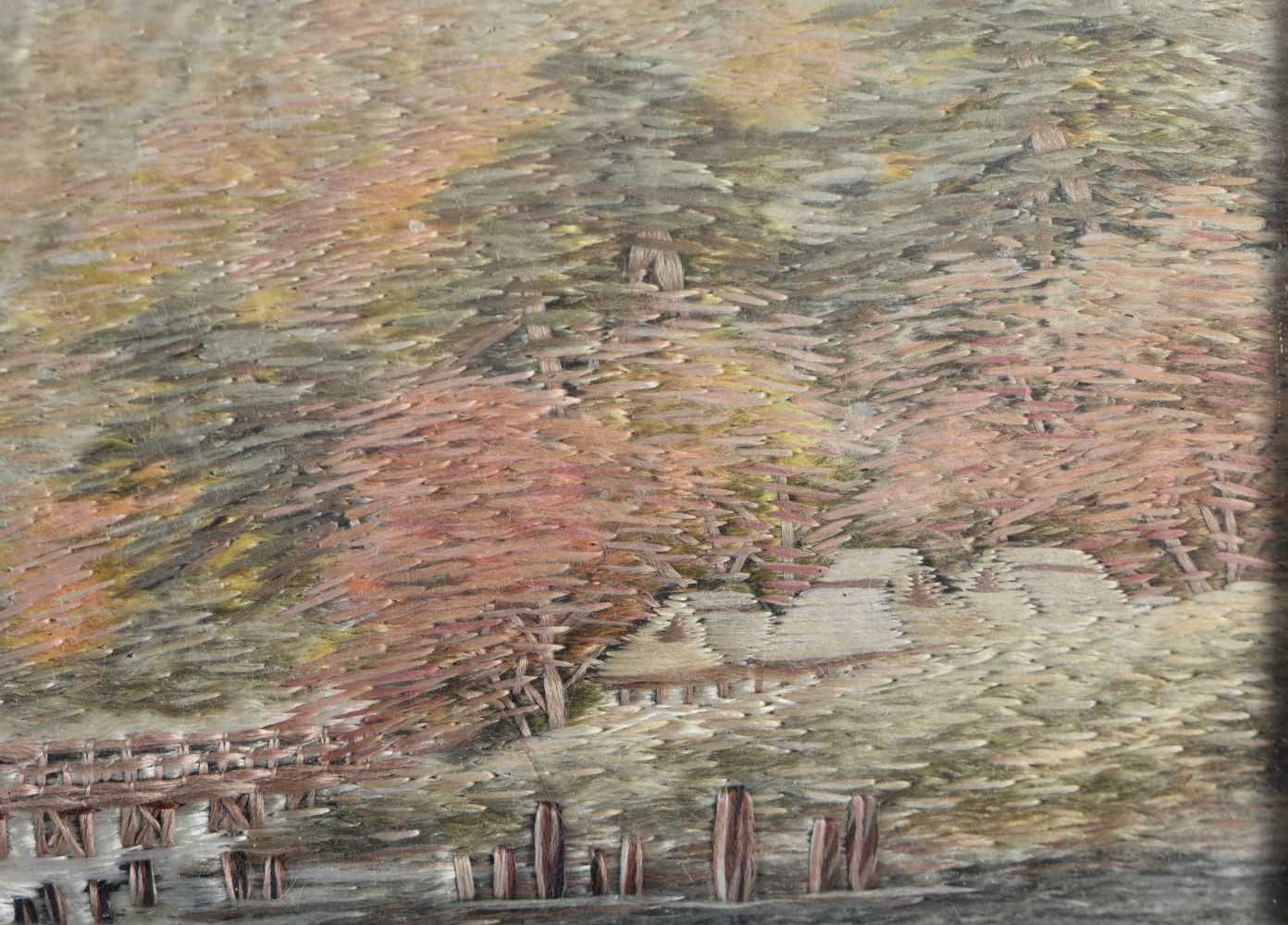 A 19TH CENTURY JAPANESE MEIJI PERIOD EMBROIDERED SILK PANEL depicting a river landscape. 42 cm x - Image 4 of 5