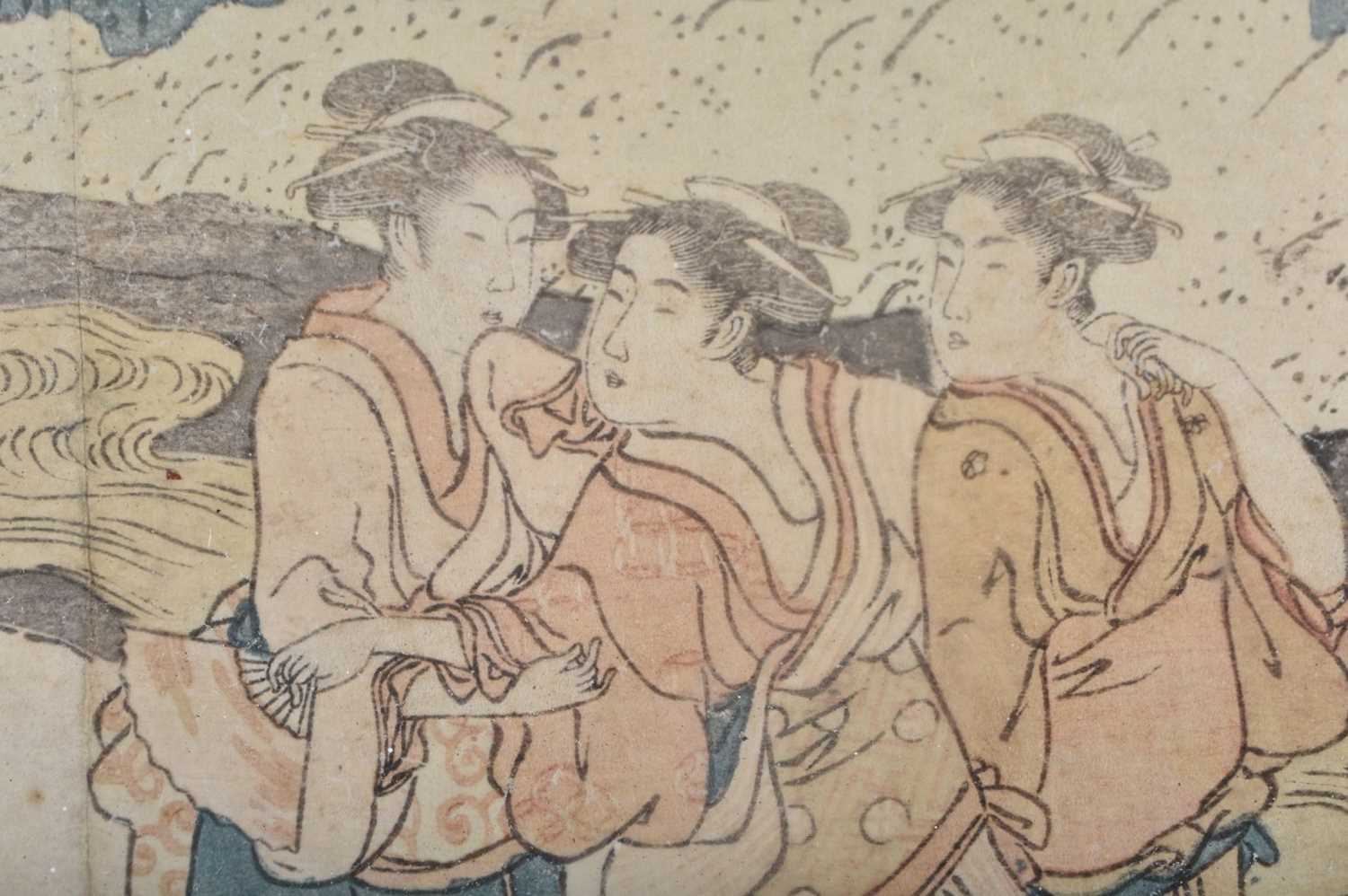 A 19TH CENTURY JAPANESE MEIJI PERIOD WOODBLOCK PRINT depicting geisha and males roaming in a - Image 3 of 5