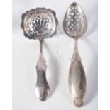 Two Continental Silver (possibly Dutch) Spoons with Pierced Bowls. Largest 17.5 cm x 4cm, total