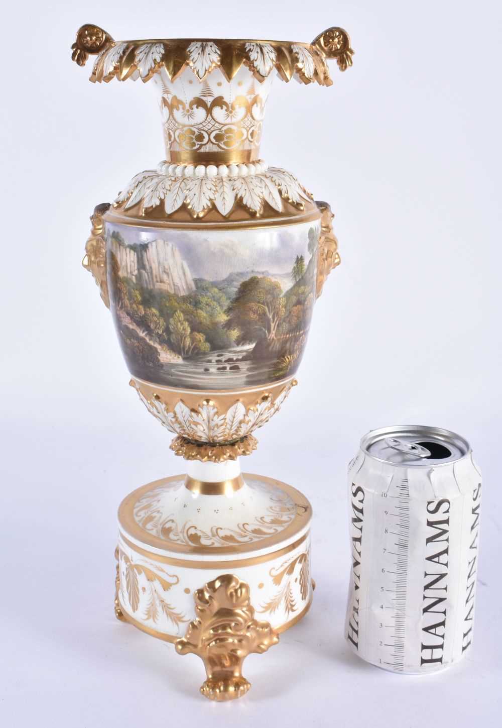 A LARGE EARLY 19TH CENTURY BLOOR DERBY PORCELAIN LANDSCAPE VASE painted with figures on horseback