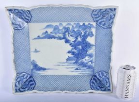 A VERY LARGE 19TH CENTURY JAPANESE MEIJI PERIOD BLUE AND WHITE RECTANGULAR TRAY painted with a house