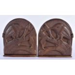 A PAIR OF EARLY 20TH CENTURY ANGLO INDIAN BURMESE CARVED WOOD BIRD BOOKENDS. Each 15 cm x 18cm