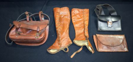 A pair of antique ladies leather Gaiters together with a leather Tax collectors bag, Cartridge bag e