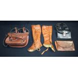 A pair of antique ladies leather Gaiters together with a leather Tax collectors bag, Cartridge bag e