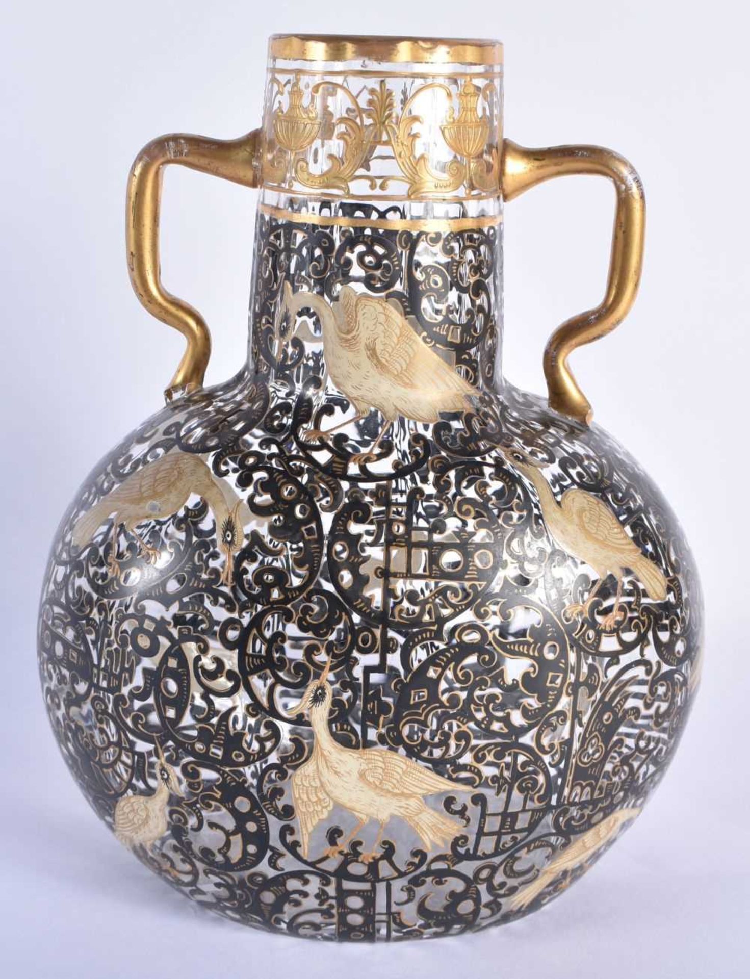 AN UNUSUAL ANTIQUE SECESSIONIST TYPE ENAMELLED AUSTRIAN GLASS VASE painted with birds amongst