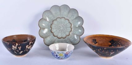 A CHINESE GE TYPE CHRYSANTHEMUM MOULDED POTTERY BRUSH WASHER together with two hares foot type bowls
