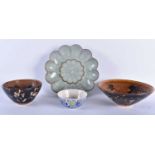 A CHINESE GE TYPE CHRYSANTHEMUM MOULDED POTTERY BRUSH WASHER together with two hares foot type bowls