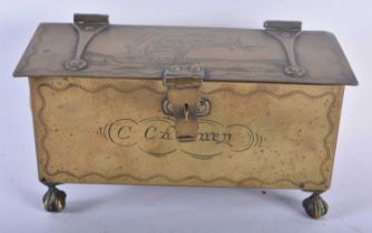 A VERY RARE EARLY 19TH CENTURY BRASS ENGRAVED CASKET of Automotive interest, engraved with a scene