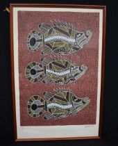 A framed Australian Aboriginal Dot Art print 96 x 63 cm .
