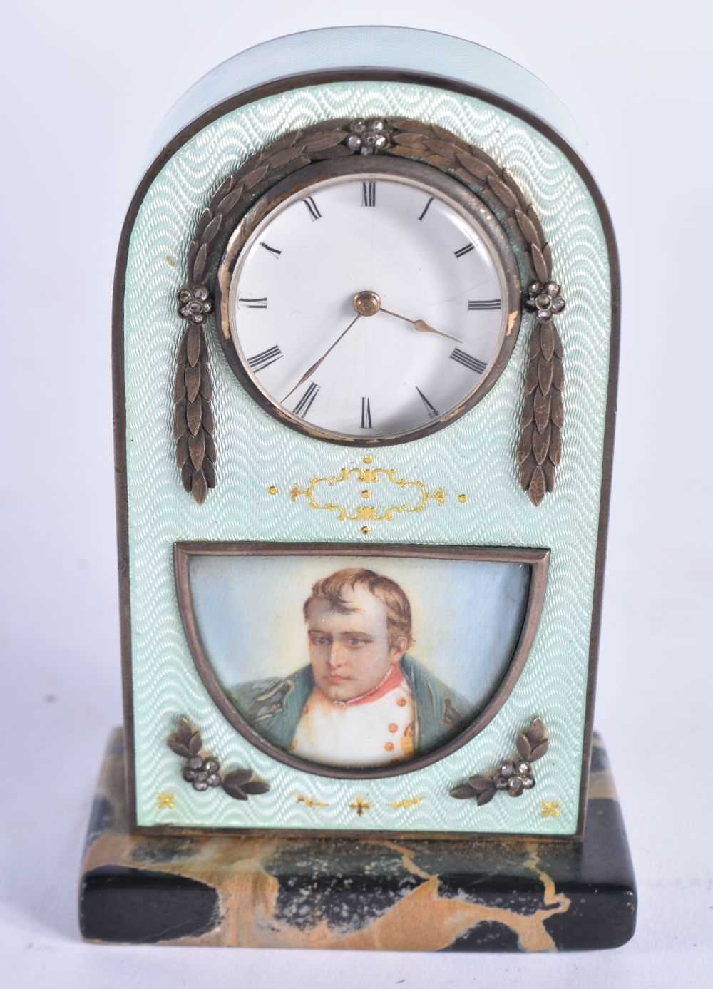 A Guilloche Enamel and Silver Clock on a Marble Base with a Portrait of Napoleon. 9cm x 6 cm x 3.5