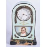 A Guilloche Enamel and Silver Clock on a Marble Base with a Portrait of Napoleon. 9cm x 6 cm x 3.5