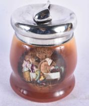 A VINTAGE POTTERY TOBACCO JAR AND COVER. 20 cm x 12 cm.