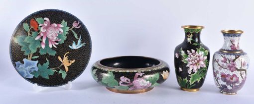 TWO CHINESE REPUBLICAN PERIOD CLOISONNE ENAMEL VASES together with bowl & a plate. Largest 19 cm