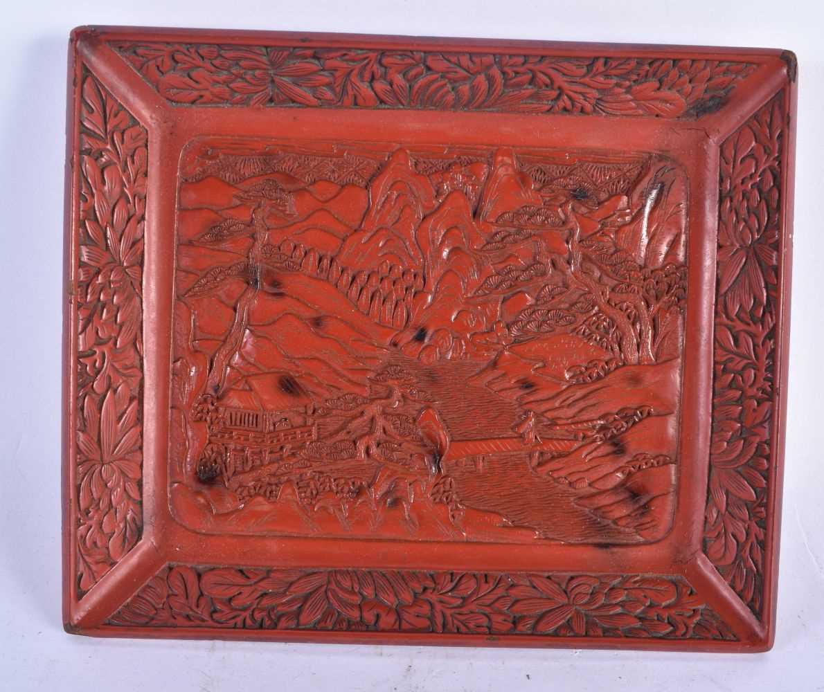 A 19TH CENTURY CHINESE CARVED CINNABAR LACQUER RECTANGULAR DISH Qing. 18cm x 16 cm.