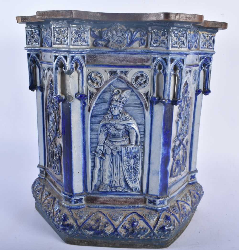 A RARE 19TH CENTURY GERMAN SALT GLAZED STONEWARE TURRET decorated with various soldiers and - Image 3 of 5