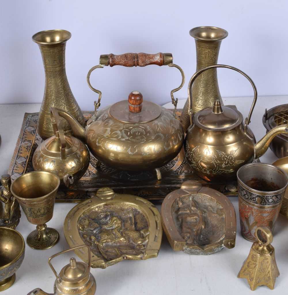 A collection of Central Asian brass items , together with a brass oil lamp with an etched glass - Image 4 of 8