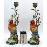 A pair of ormolu mounted porcelain parrot candle stick holder 39 cm (2)