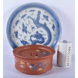 A LARGE CHINESE REPUBLICAN PERIOD BLUE AND WHITE PORCELAIN DRAGON TRAY together with a yixing