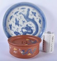 A LARGE CHINESE REPUBLICAN PERIOD BLUE AND WHITE PORCELAIN DRAGON TRAY together with a yixing