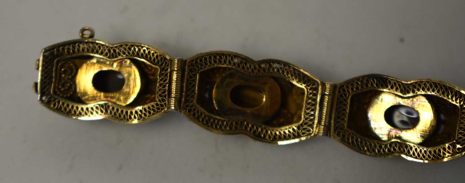 A LATE 19TH CENTURY CHINESE SILVER GILT ENAMEL AND TIGERS EYE BRACELET. 29 grams. 18cm long. - Image 10 of 15
