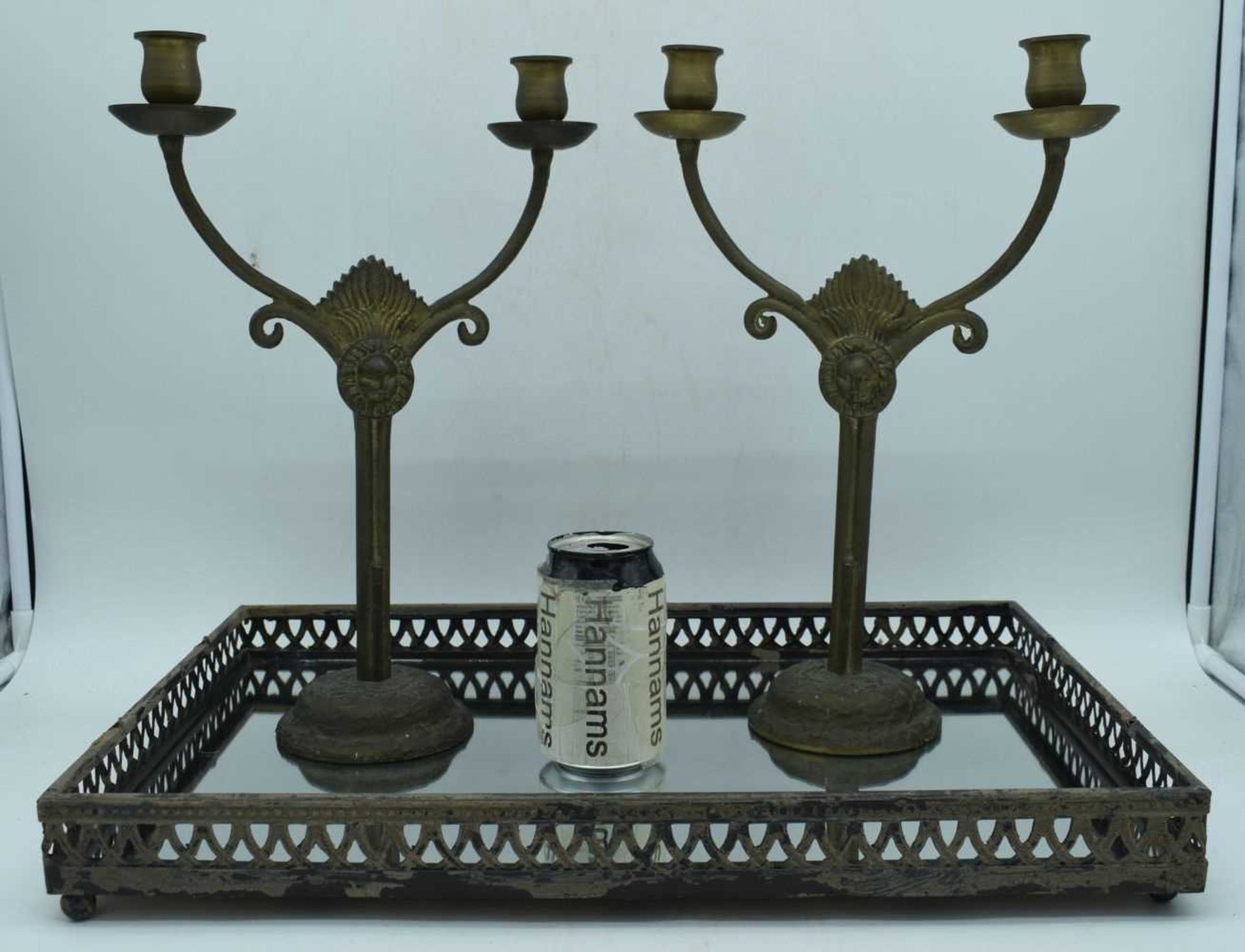 A pair of gilt metal candlesticks together with a mirrored metal galleried tray 50 x 32 cm (3). - Image 2 of 8