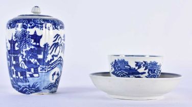 Worcester tea canister and cover printed with the Temple pattern and a teabowl and saucer with the