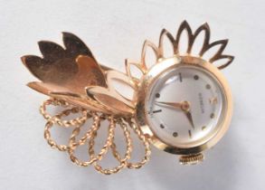 A 14CT GOLD GUBELIN LAPEL WATCH. 12.8 grams. 4 cm x 3.25cm.