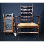 A 19th Century Burr Inlaid palour chair with Rattan seat together with an antique Arts and Crafts