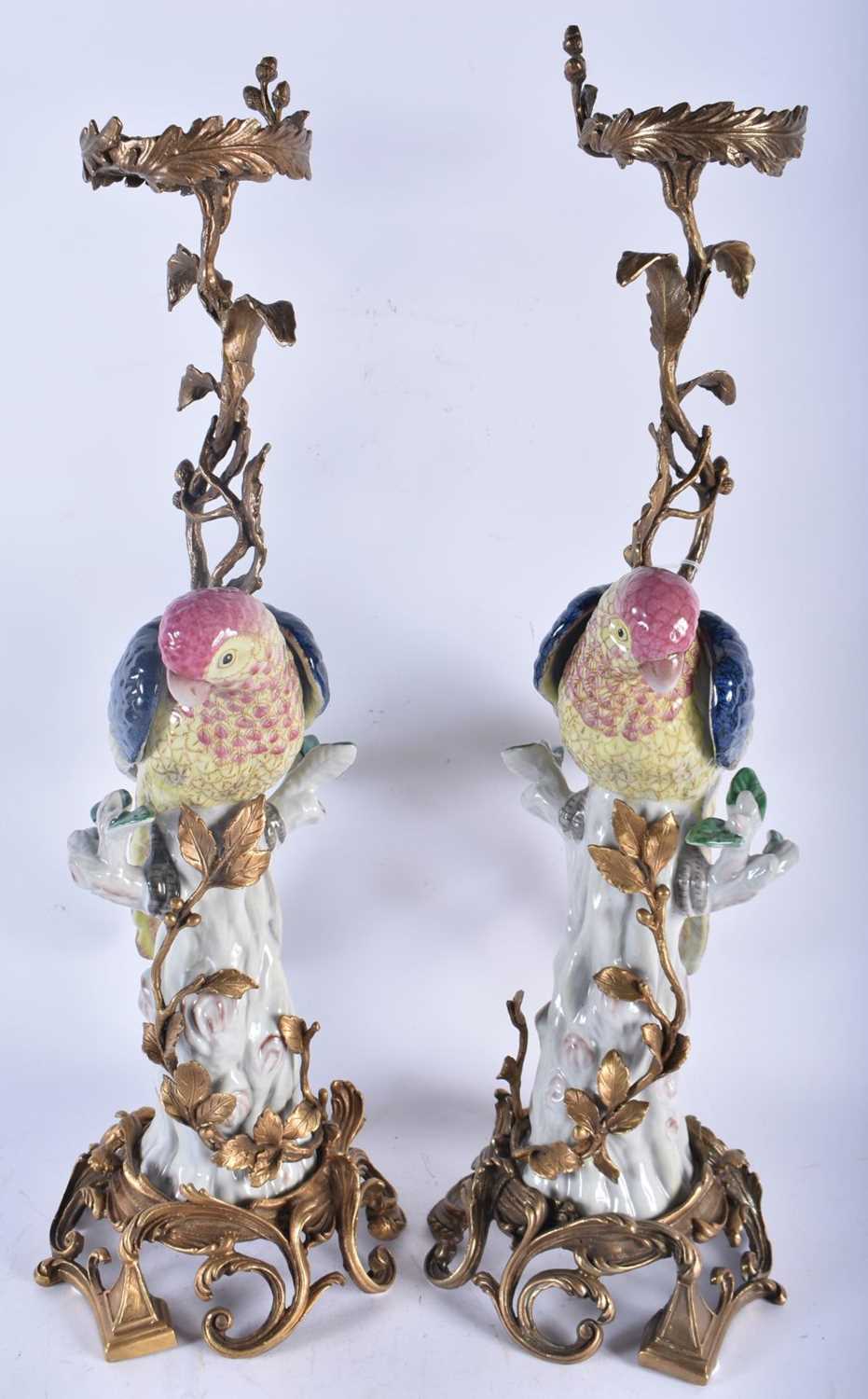 A LARGE PAIR OF CONTINENTAL PORCELAIN ORMOLU AND BRONZE PARROT CANDLESTICKS. 56 cm high. - Image 3 of 6