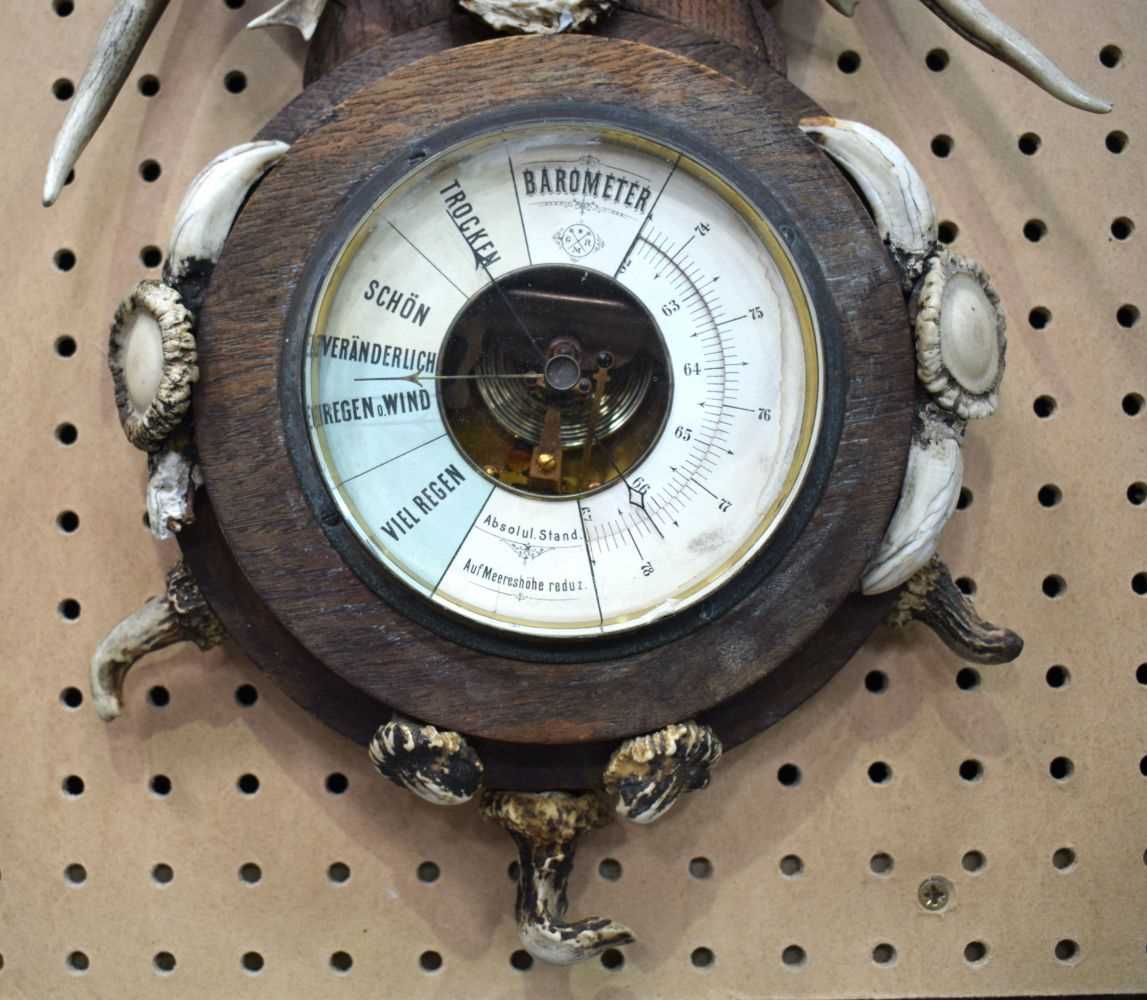 An early 20th Century wooden and antler horn Barometer and thermometer 69 cm. - Image 3 of 10