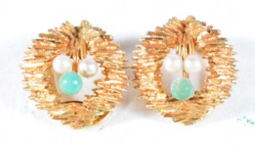 A Pair of Victorian 9 Carat Gold Clip-on Earrings set with Pearls and Jade. London Import Mark for