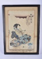 A 19TH CENTURY JAPANESE MEIJI PERIOD WOODBLOCK PRINT depicting a geisha within a landscape. 48 cm