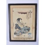 A 19TH CENTURY JAPANESE MEIJI PERIOD WOODBLOCK PRINT depicting a geisha within a landscape. 48 cm