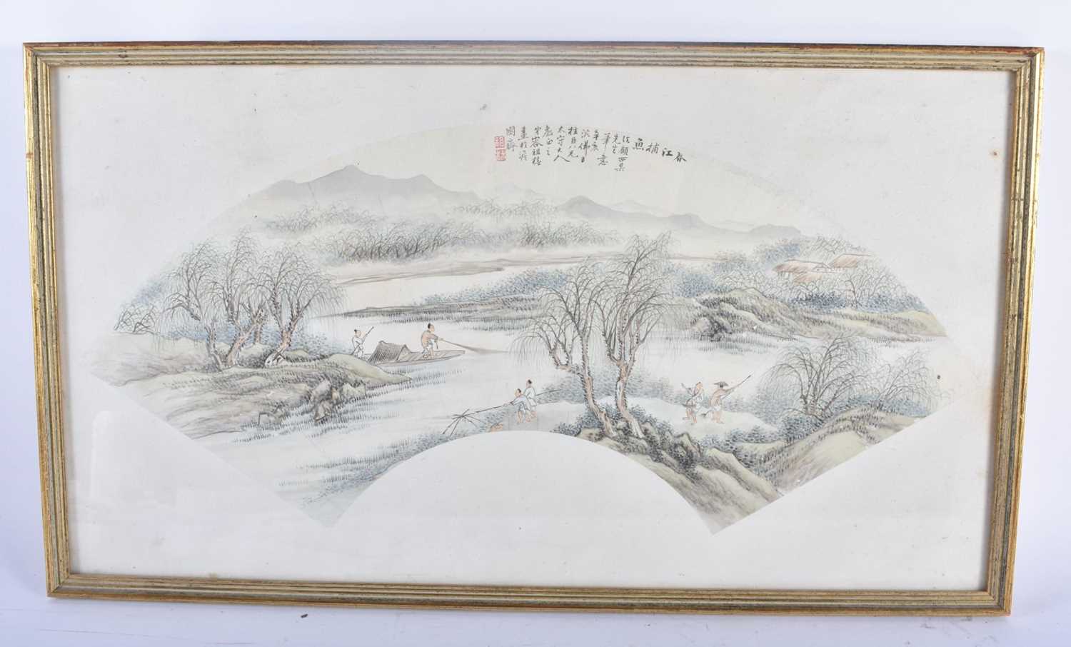 Attributed to Rong Zuchun (1872-1944) 2 x Fan watercolours, Figures by the lake. 57 cm x 33 cm. - Image 7 of 12