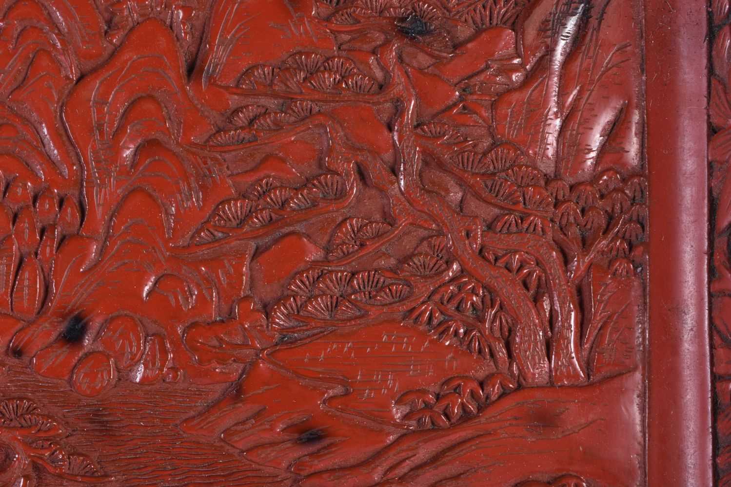 A 19TH CENTURY CHINESE CARVED CINNABAR LACQUER RECTANGULAR DISH Qing. 18cm x 16 cm. - Image 3 of 4