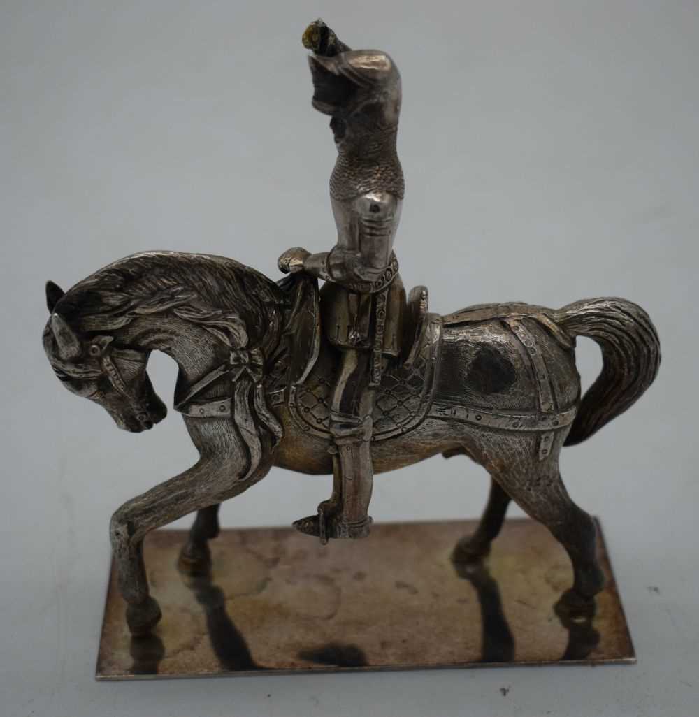 A FINE 19TH CENTURY ENGLISH WHITE METAL FIGURE OF A SOLDIER ON HORSEBACK. 707 grams. 12.5 cm x