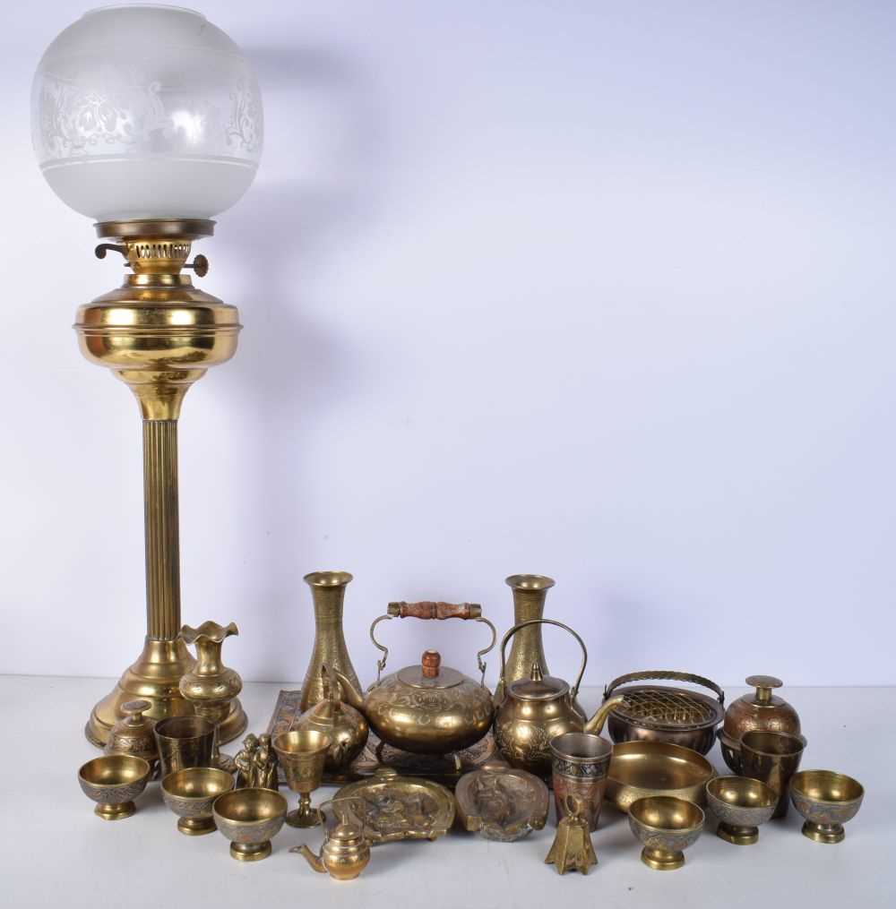 A collection of Central Asian brass items , together with a brass oil lamp with an etched glass - Image 2 of 8