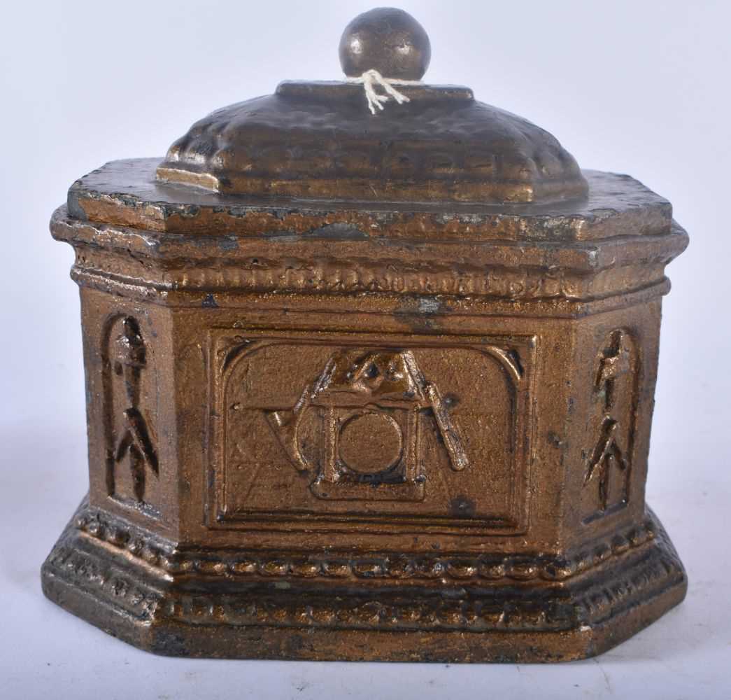 A RARE ANTIQUE PAINTED AND LACQUERED PEWTER TOBACCO BOX AND COVER of Masonic interest. 15 cm x 13 - Image 3 of 4