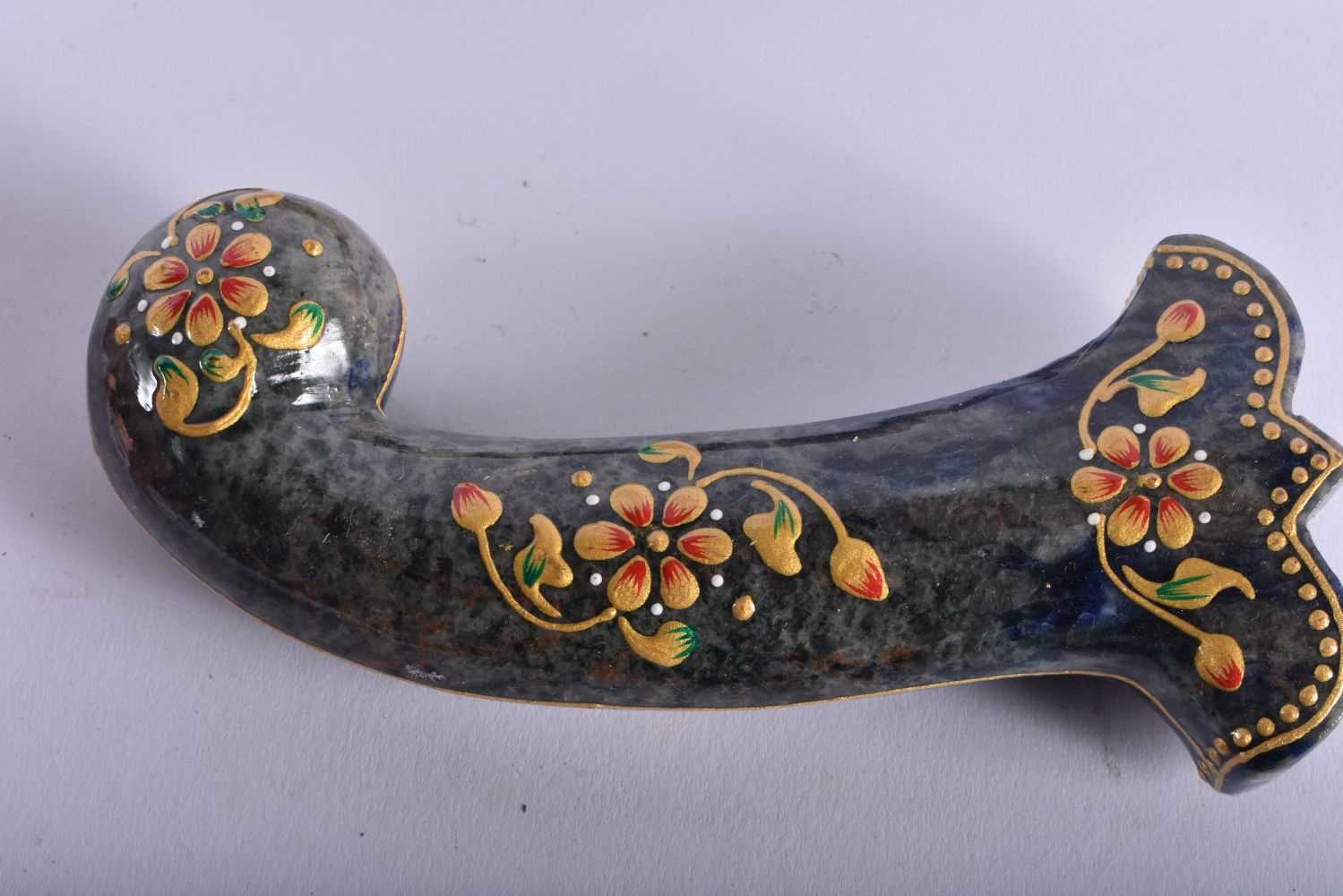 A SET OF FIVE MIDDLE EASTERN QAJAR LACQUER HARDSTONE DAGGER HANDLES overlaid with foliage and vines. - Image 4 of 4