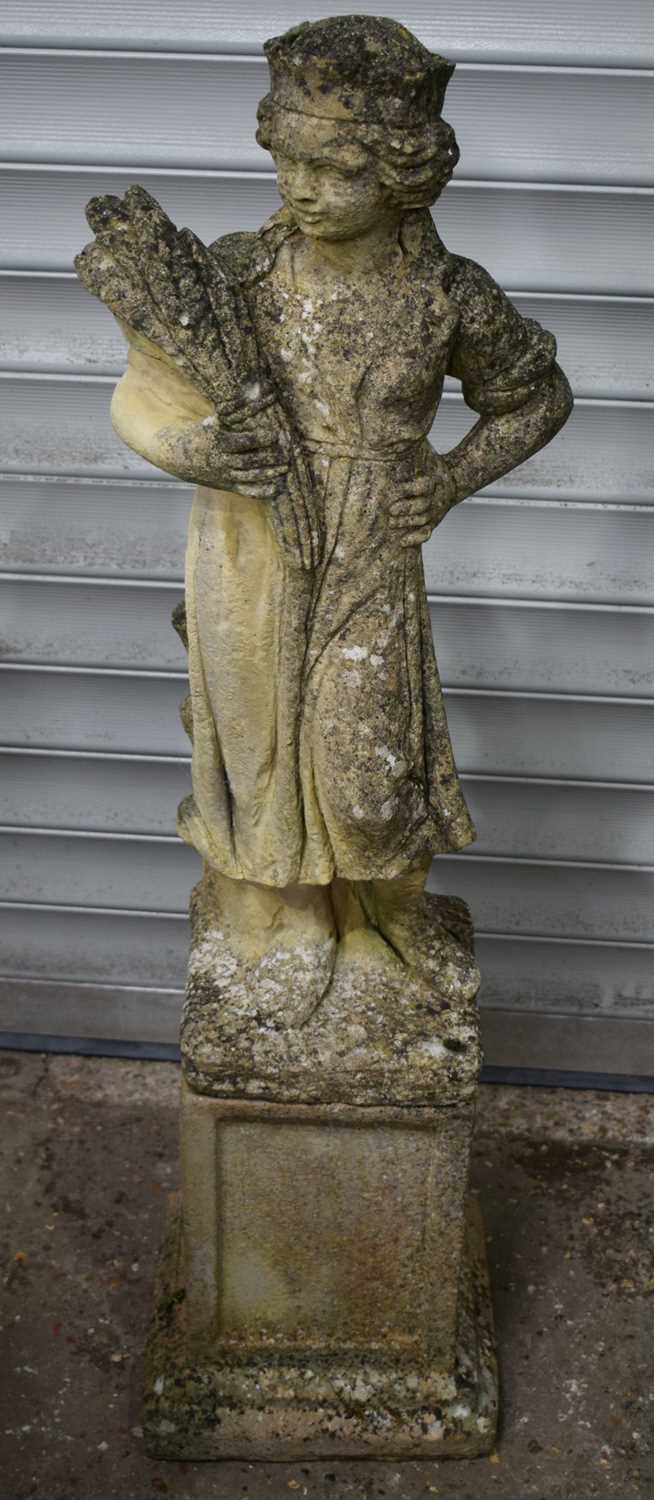 A Composite stone figure of a young girl holding a Wheatsheaf set on a plinth 115 x 28 cm cm - Image 2 of 6