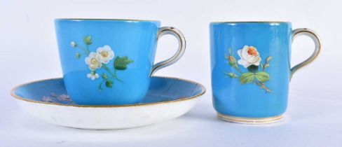 Minton coffee cup, teacup and saucer with turquoise ground painted in raised enamels with flowers (