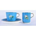 Minton coffee cup, teacup and saucer with turquoise ground painted in raised enamels with flowers (