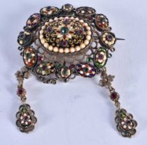 AN ANTIQUE VIENNESE ENAMEL GEM SET BROOCH. 21 grams. 7.5 cm x 5 cm.