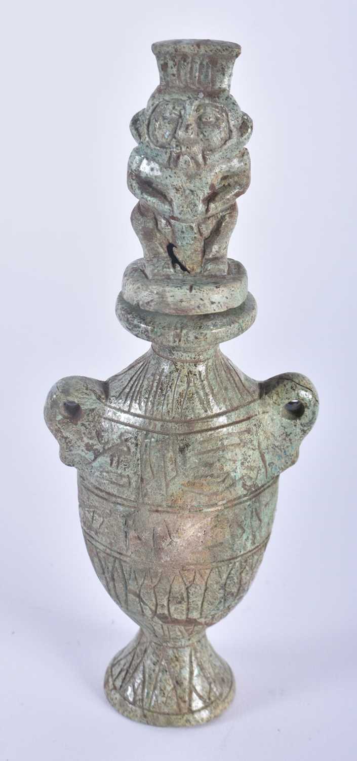 AN ANCIENT EGYPTIAN STYLE HIEROGLYPHIC VESSEL BES JAR AND COVER. Possibly 664-332 BC. 16 cm high. - Image 2 of 3