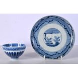 A Chinese porcelain blue and white Tea bowl together with a plate 18cm (2).