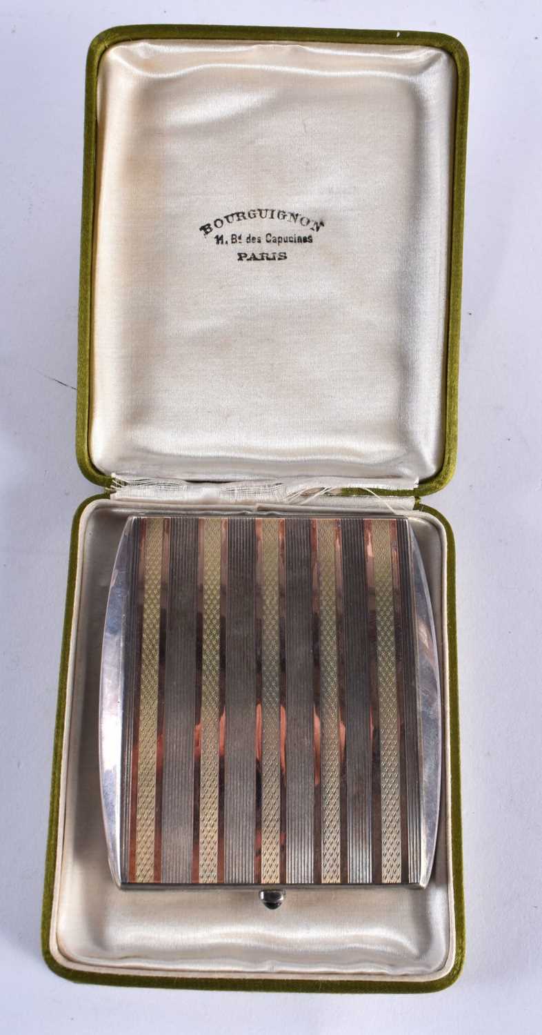 A LOVELY ART DECO FRENCH SILVER GILT AND TWO TONE GOLD CIGARETTE CASE in the manner of Cartier,