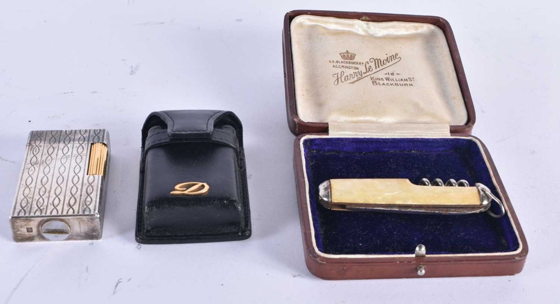 AN ANTIQUE HARRY LE MOINE COMBINATION KNIFE and a ST Dupont silver plated lighter. Largest 14 cm