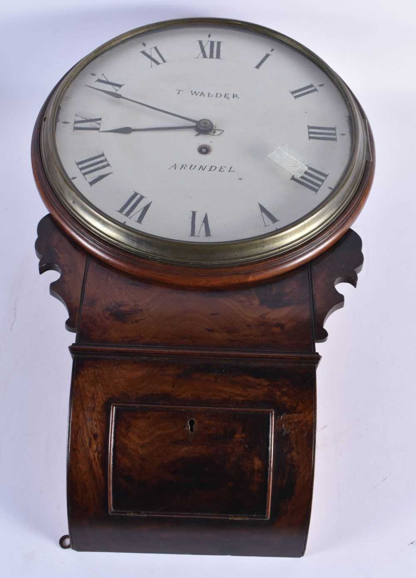 A RARE WOOD DIAL THOMAS WALDER OF ARUNDEL HANGING WALL CLOCK with black painted Roman numerals and