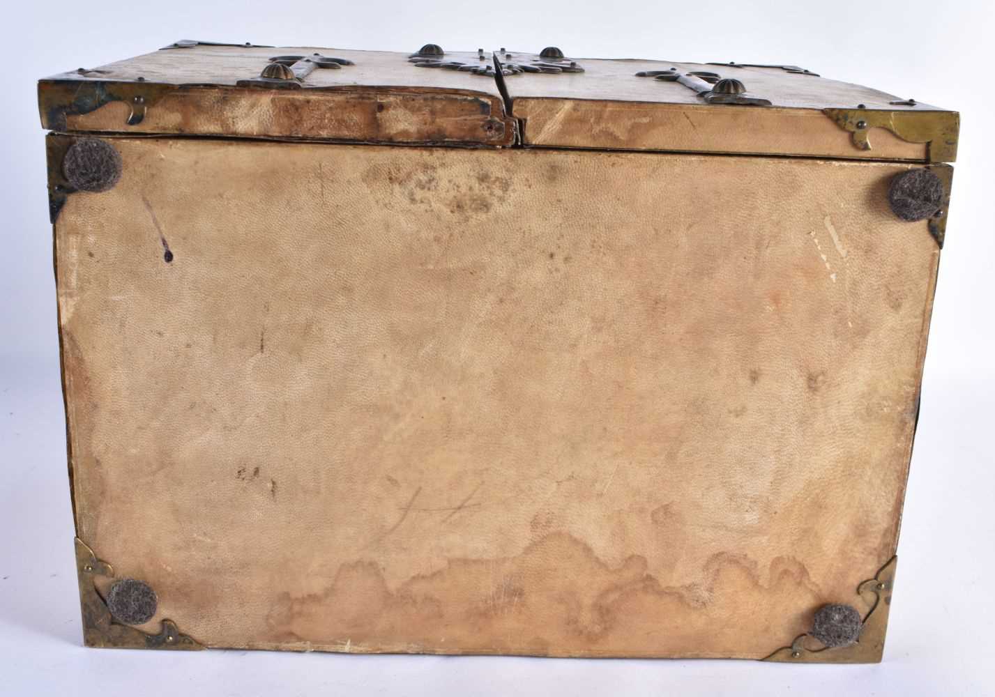 AN 18TH/19TH CENTURY CONTINENTAL LEATHER WRAPPED HIDE DESK CASKET overlaid with bronze gothic - Image 8 of 8